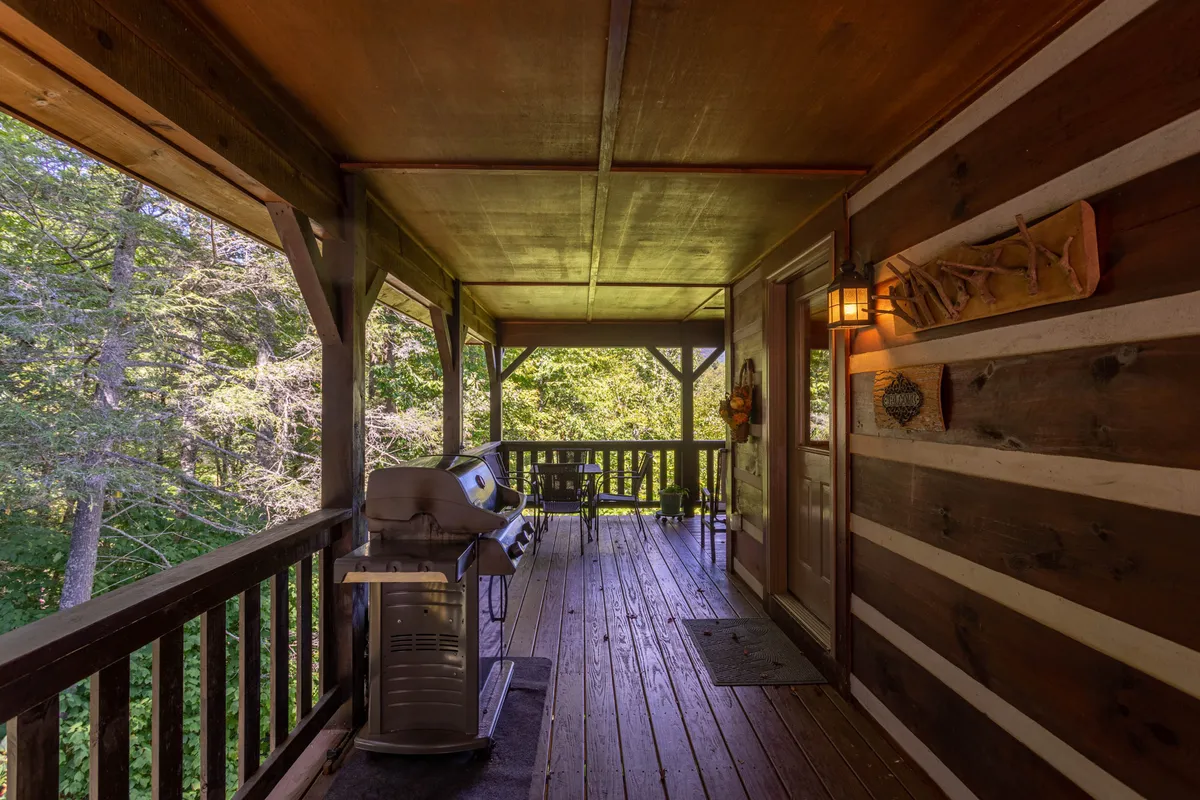 This image showcases a welcoming exterior porch space with wooden railing, a grill, and outdoor seating. The porch is framed by natural surroundings, inviting guests to relax outdoors and enjoy the tranquil atmosphere.